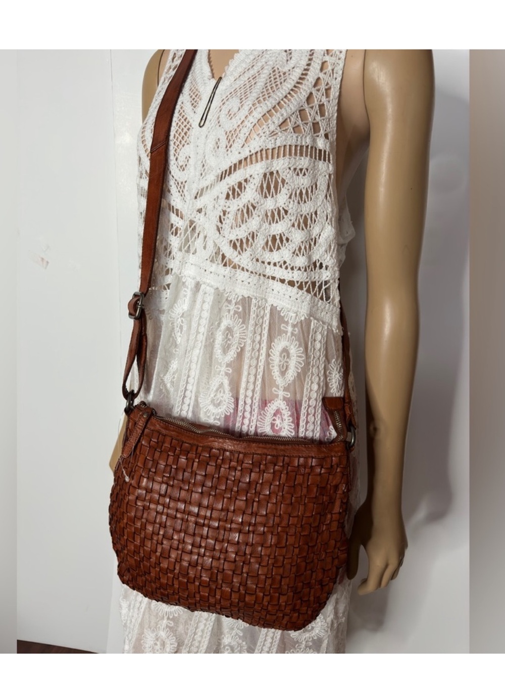 Woven Leather Crossbody Bag in Cognac